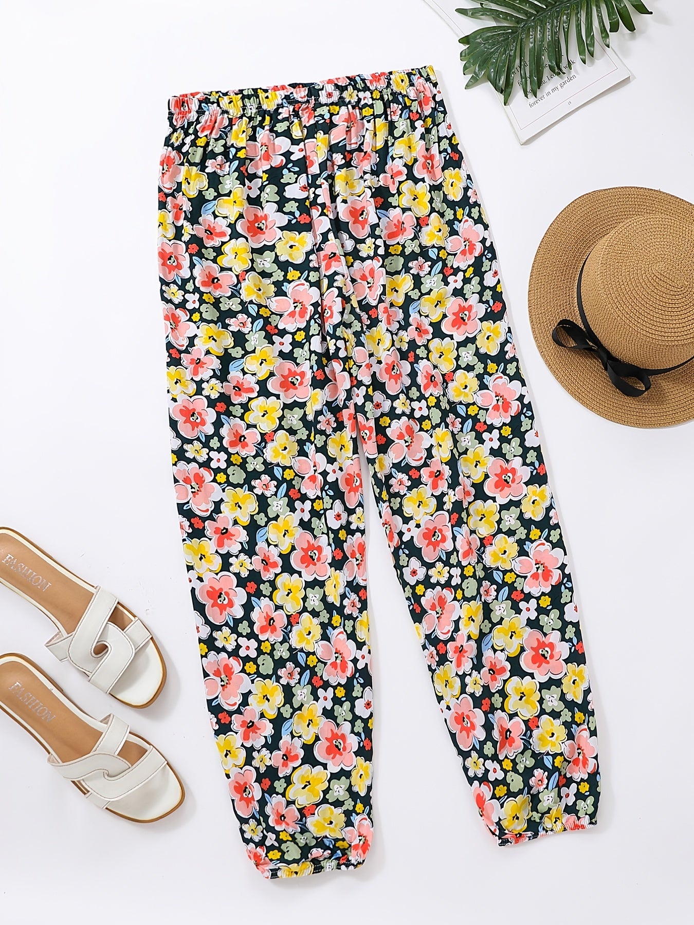 Flower Print Ruffle Trim Lantern Pants High Waist