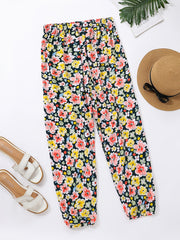 Flower Print Ruffle Trim Lantern Pants High Waist