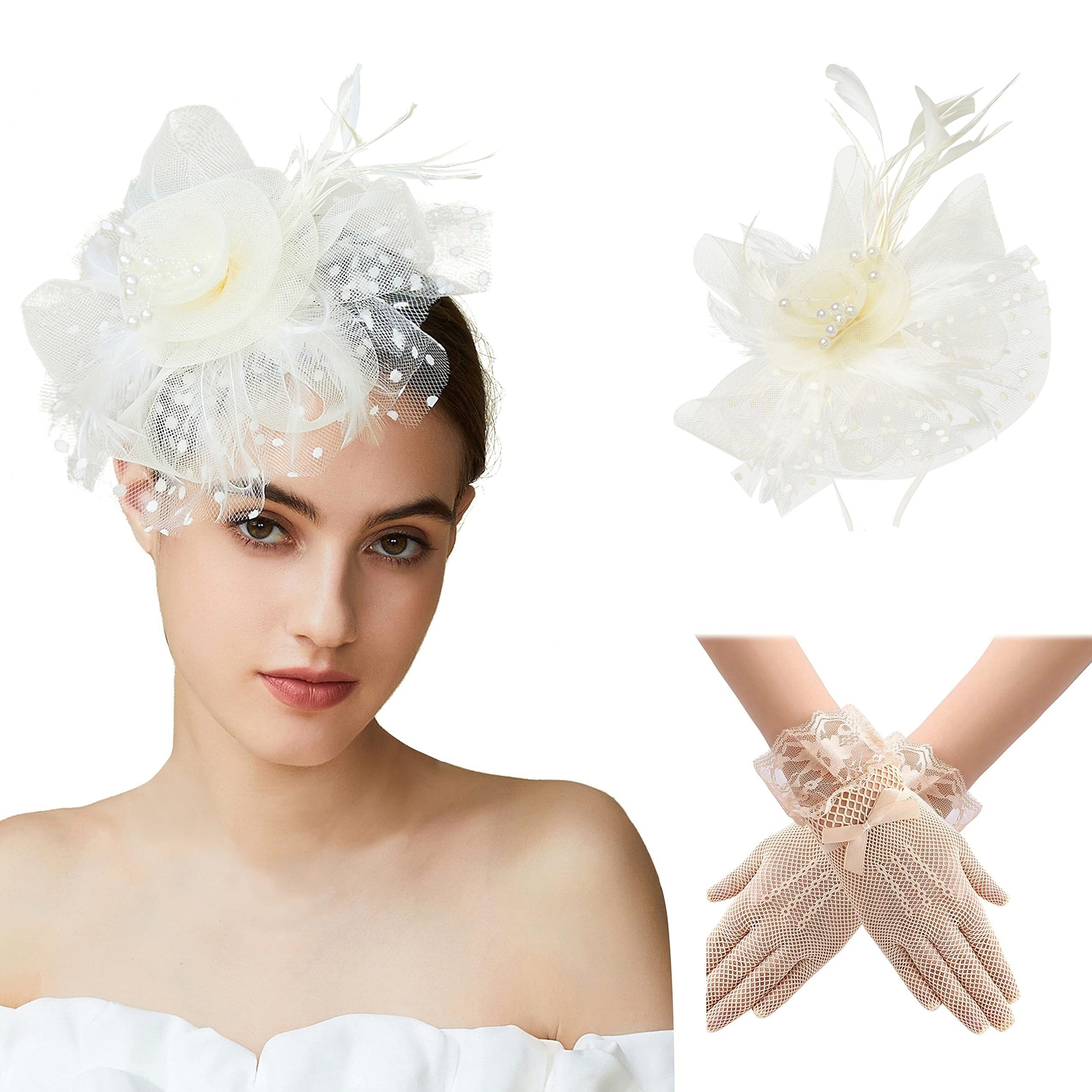3pcs Mesh Flower Feather Head Piece Set & Gloves