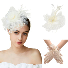 3pcs Mesh Flower Feather Head Piece Set & Gloves
