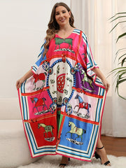 Boho Cover Up Women's Plus Horse Print Bat Sleeve V Neck Loose S