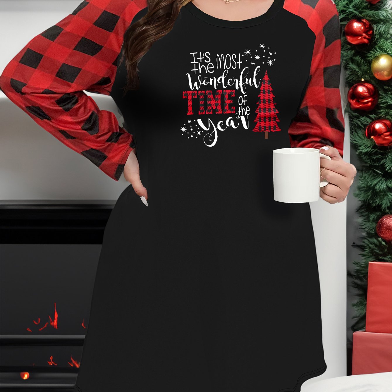 Christmas Tree & Slogan Loungewear Dress Women's Plus
