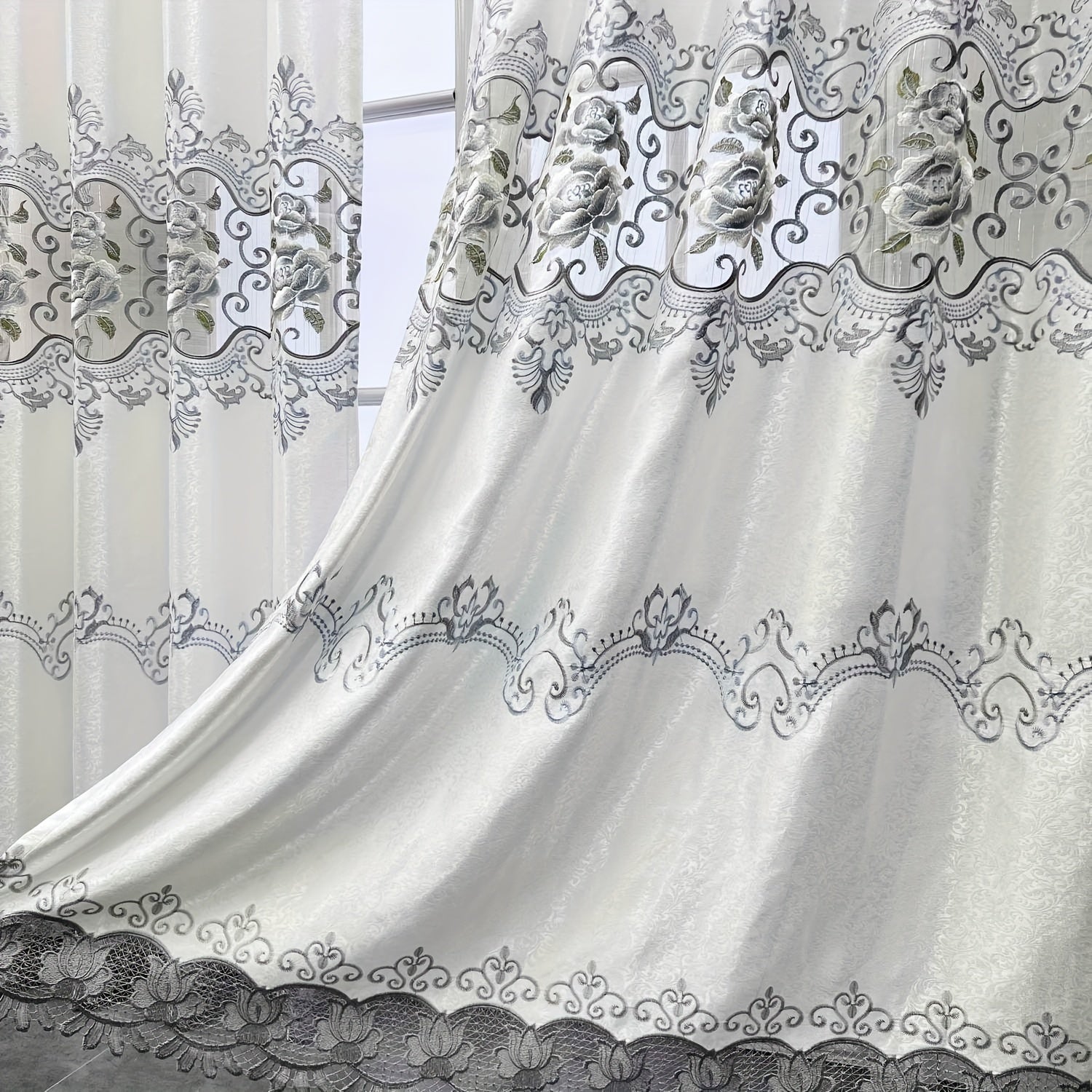 Grey Flower Embroidered Curtain for Home Decor