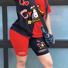 Women's Plus Size Colorblock Figure & Letter Print Tee & Shorts Set
