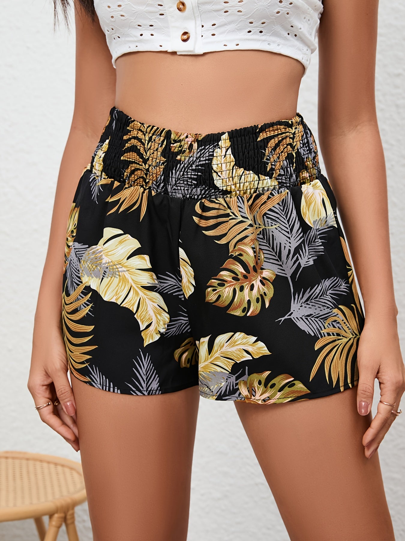 Tropical Print Shirred Waist Shorts for Women