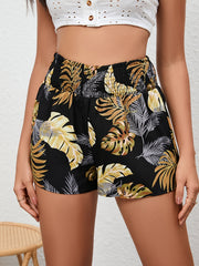Tropical Print Shirred Waist Shorts for Women