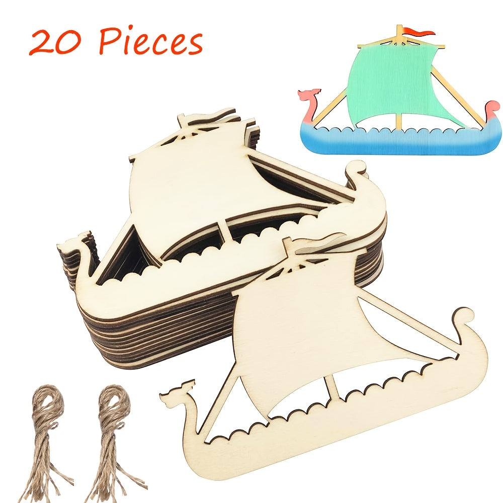 20pcs Wooden Viking Cutouts Craft Ornaments with Ropes - Home & Party Decor