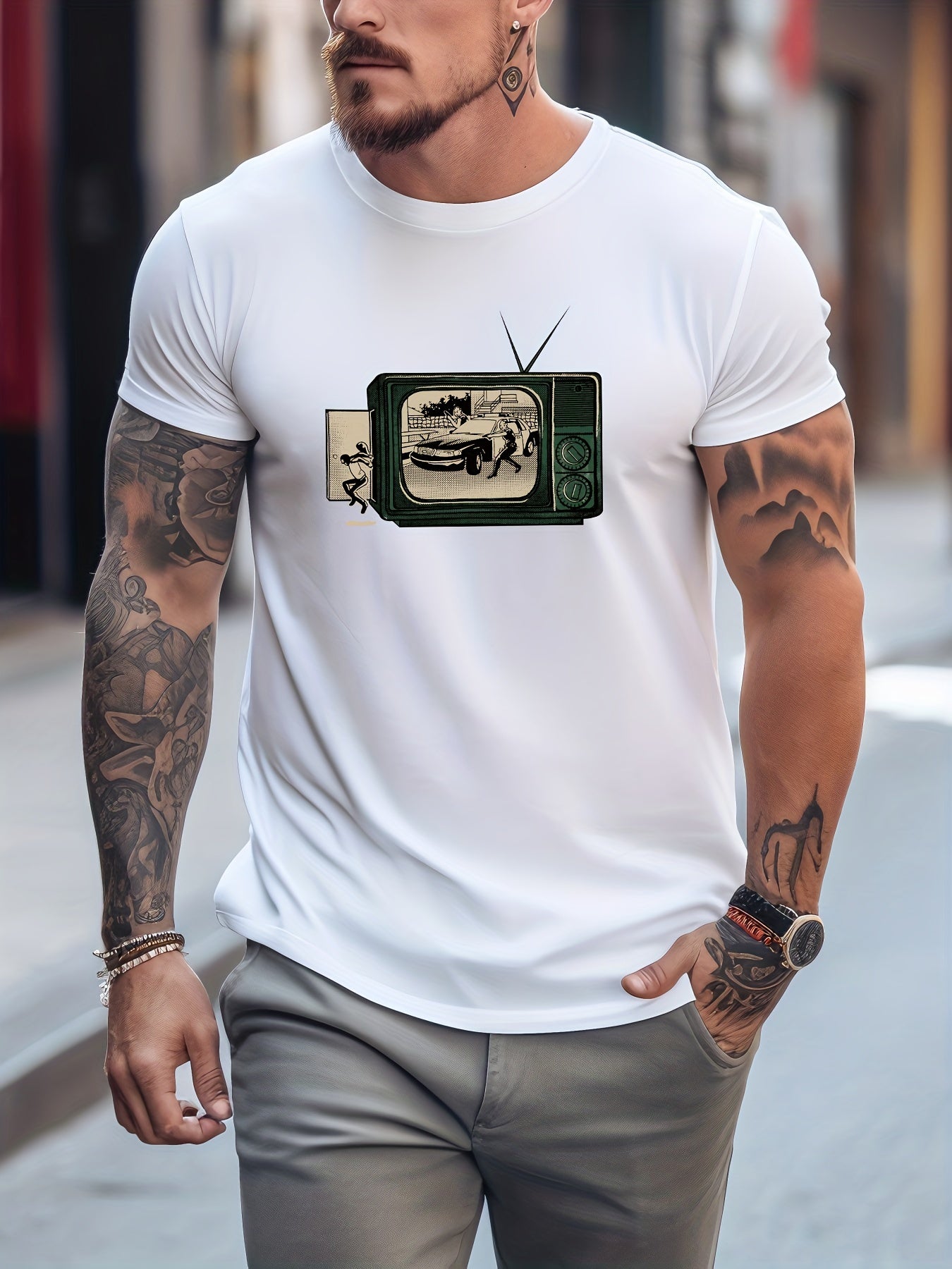 Men's Printed Leisure Sports T shirt Casual Round Neck Tee Shirt