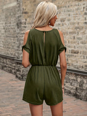 Solid Crew Neck Romper Jumpsuit Casual Cold Shoulder Jumpsuit