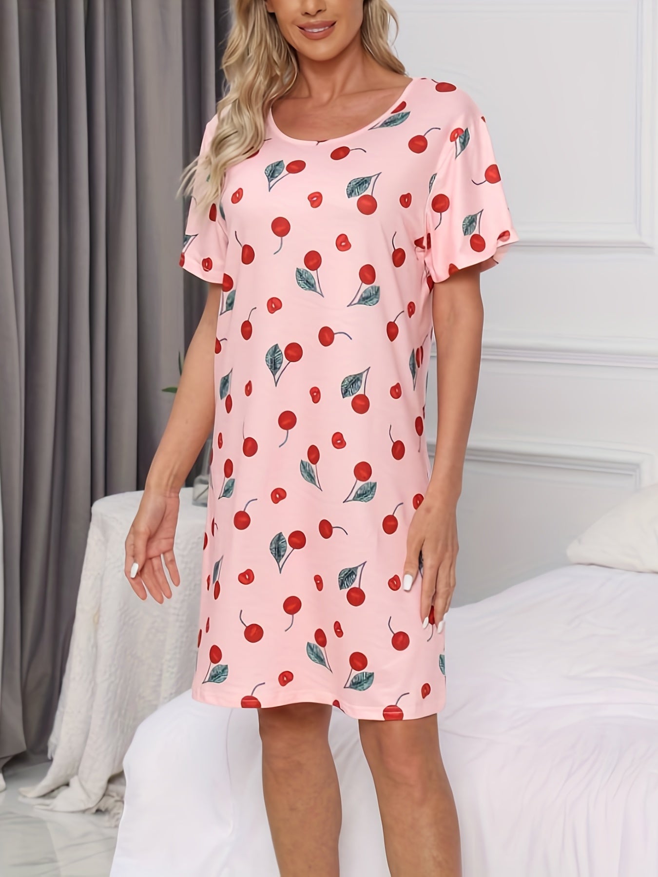 Cherry Print Lounge Dress Short Sleeve Women's Sleepwear