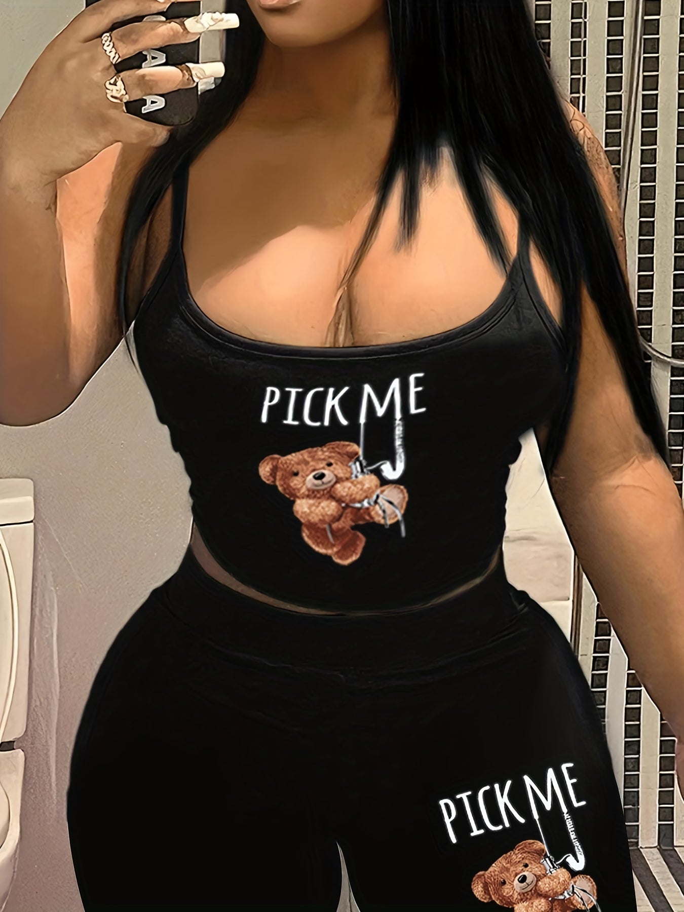 Bear & Letter Print Cami Crop Top & Biker Shorts Set