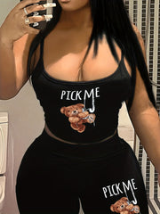 Bear & Letter Print Cami Crop Top & Biker Shorts Set