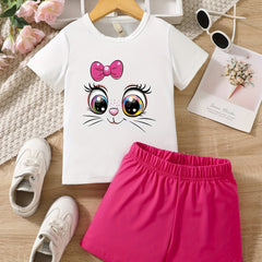 2pcs Girls Cartoon Kitten Short Sleeve Tee Elastic Waist Shorts Set