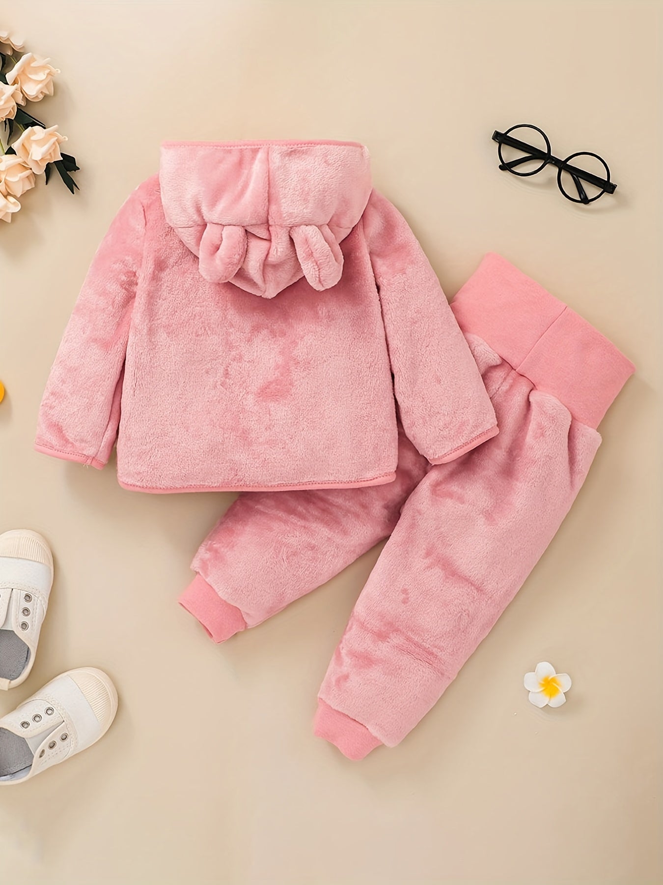 Baby Girls Solid Thermal Outfit Zip Up Hooded Coat Trousers Set
