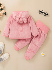 Baby Girls Solid Thermal Outfit Zip Up Hooded Coat Trousers Set