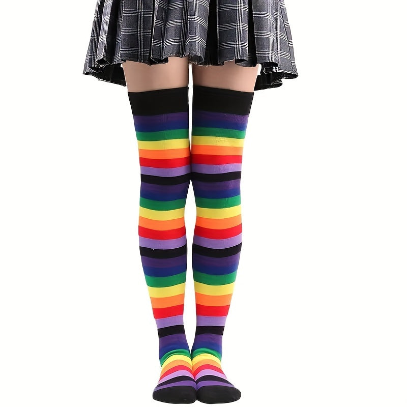 Rainbow Striped Thigh High Socks Halloween Cosplay Over The Knee Socks