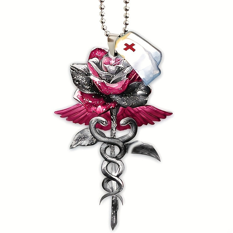 2pcs Nurse Cap Rearview Mirror Key Chain Red Rose Pendant Car Accessories