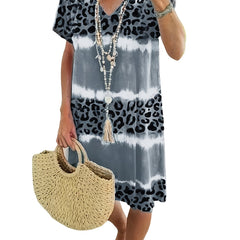 Leopard Print V Neck Dress Short Sleeve Beach Vacation Casual Dress