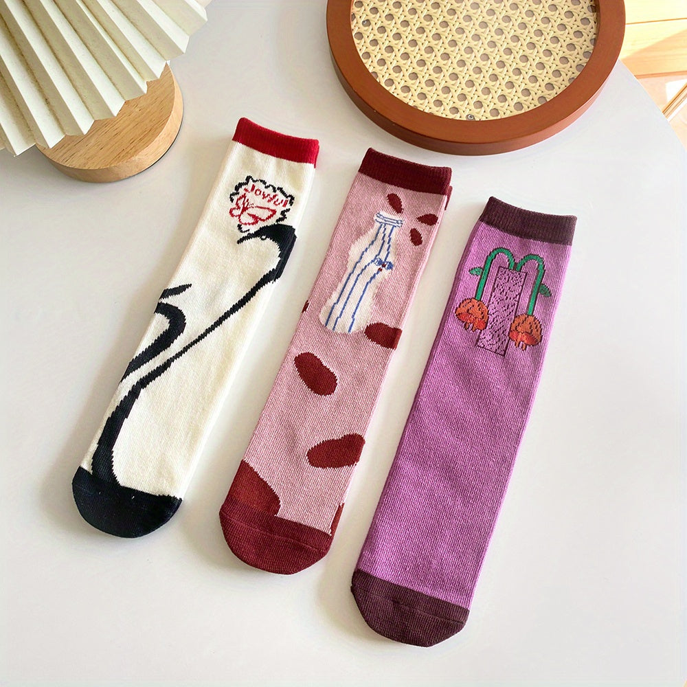 Girls Cartoon Dog Print Calf Socks Breathable Crew Socks