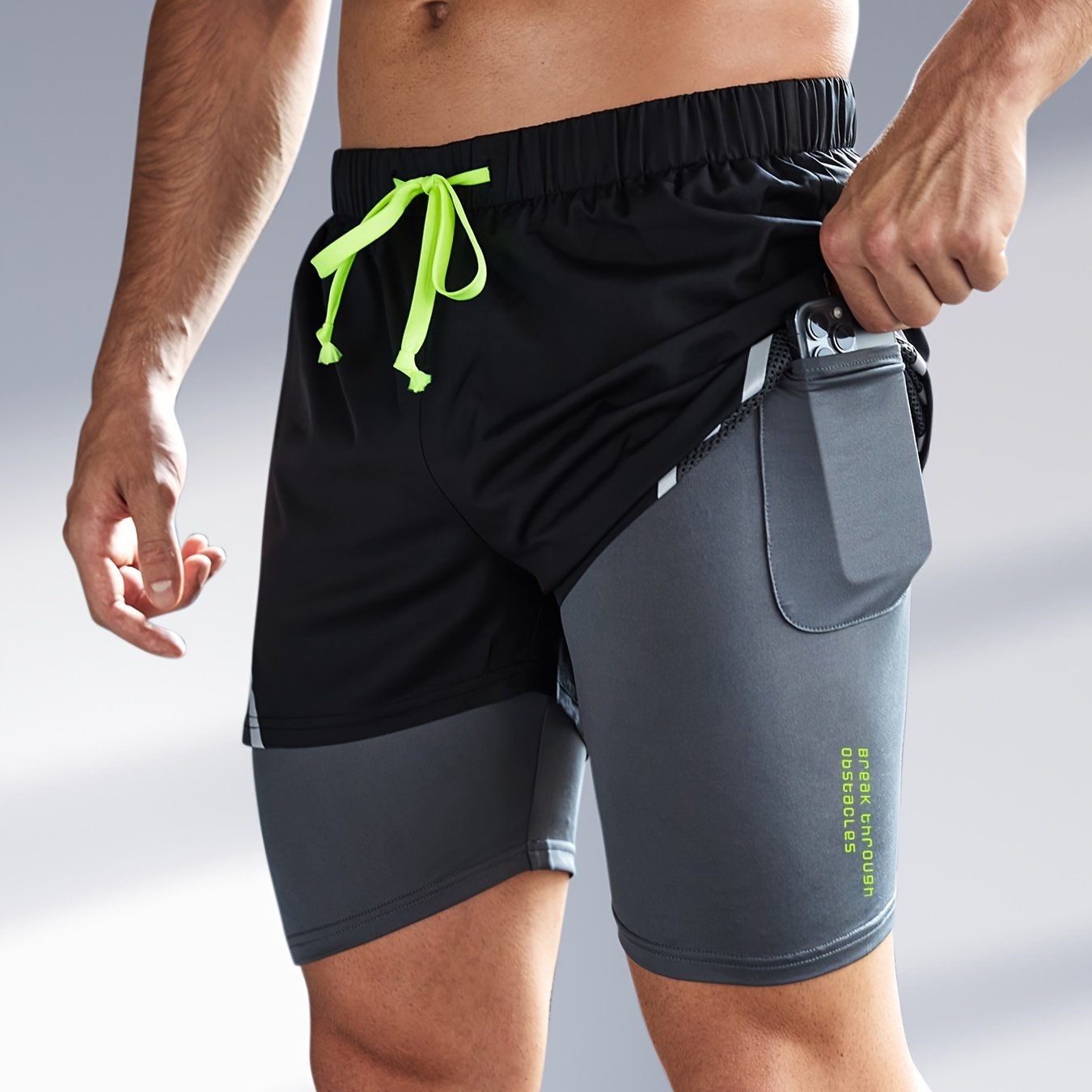 Men's 2 In 1 Running Shorts Phone Pocket Drawstring Sport Shorts