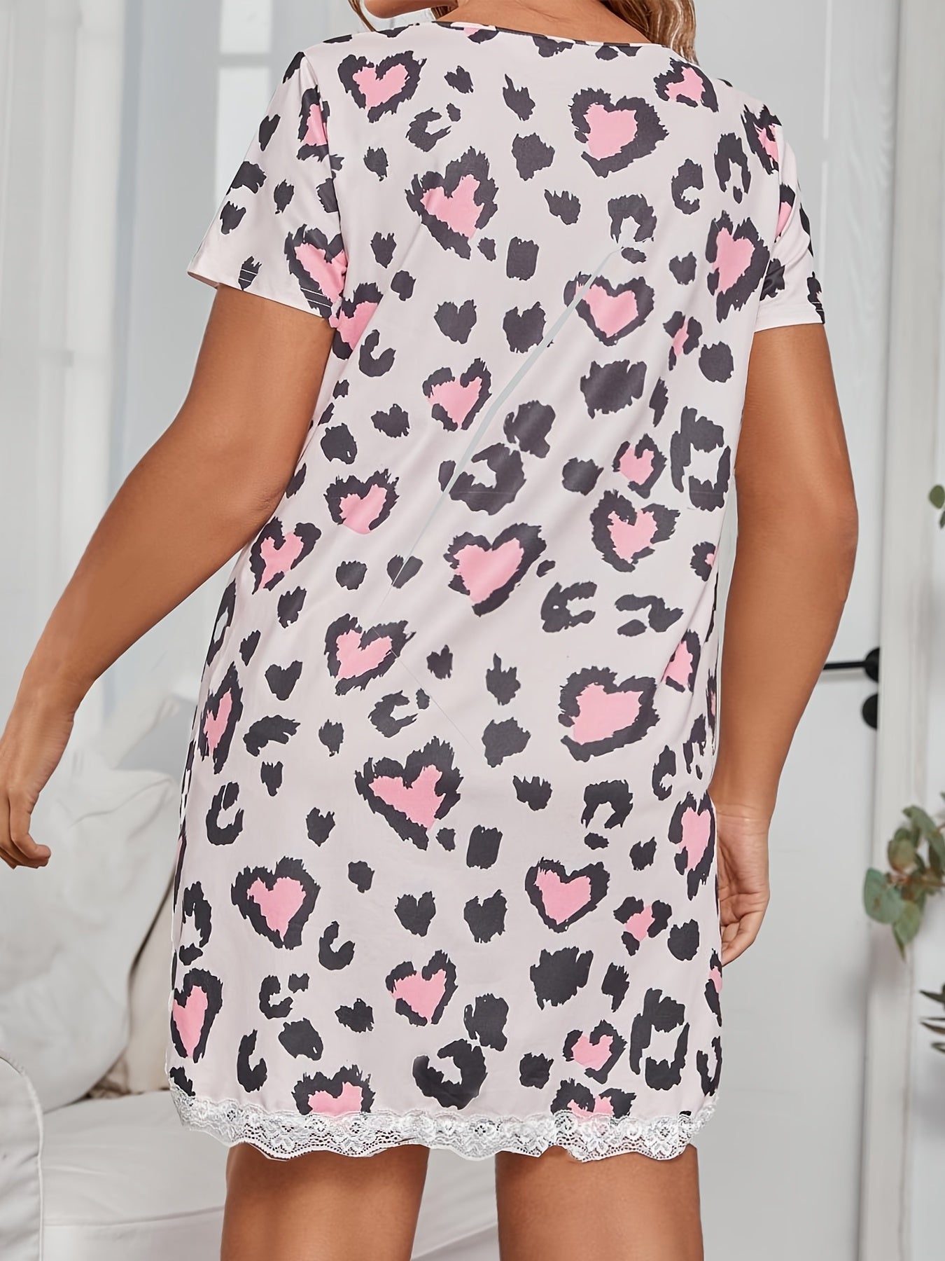 Heart Leopard Print Lace Trim Sleep Tee Dress