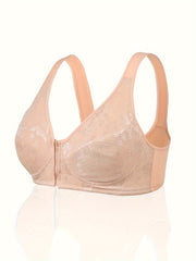 Plus Size Women's Floral Jacquard Zipper Front T-shirt Bra