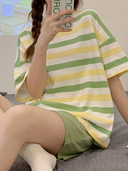 Striped Pajama Set Crew Neck Top & Shorts Women's Sleepwear