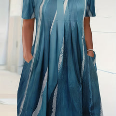 Stripe Print Short Sleeve Round Neck Pleated Dress