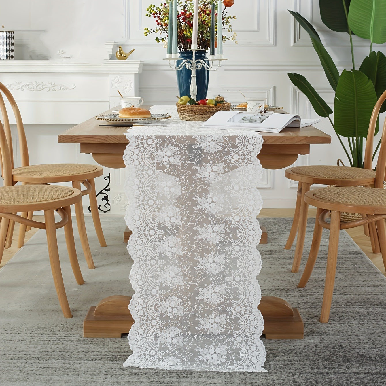 Floral Shaped Table Runner Embroidered Cotton Lace Table Flag