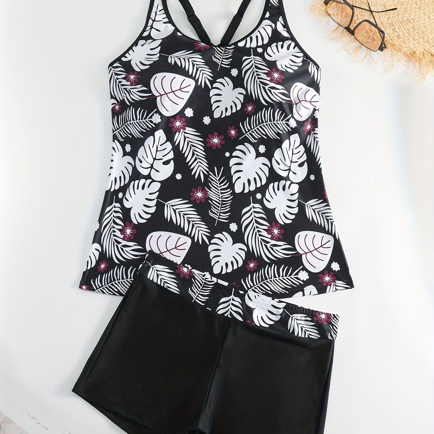 Tropical Print Tankini Set Crisscross Back Cami Top & Shorts