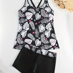Tropical Print Tankini Set Crisscross Back Cami Top & Shorts