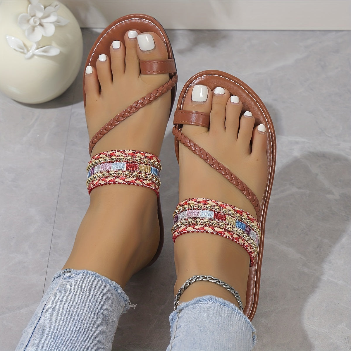 Boho Style Toe Loop Flat Slides Beach Sandals