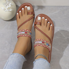 Boho Style Toe Loop Flat Slides Beach Sandals