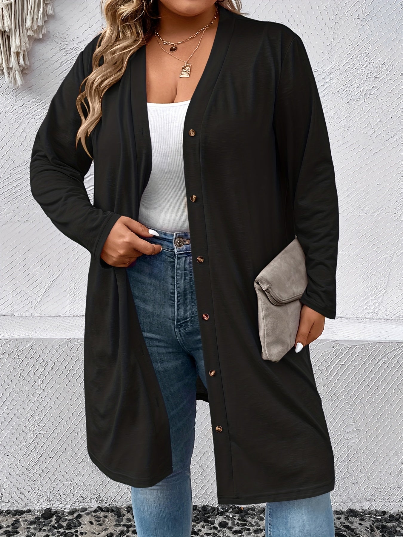 Women's Plus Solid Button Up Long Sleeve Cardigan