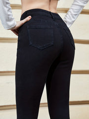 High Rise Skinny Jeans Solid High Stretch Zipper Button Closure Denim Pants