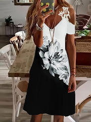 Women's Floral Cold Shoulder V Neck Midi Dress