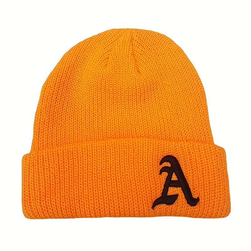 Windproof Knit Beanie Hat Embroidered with Letter A