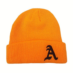 Windproof Knit Beanie Hat Embroidered with Letter A