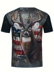 Patriotic Deer Print T Shirt for Men Comfortable 3D Print Crew Neck Tee