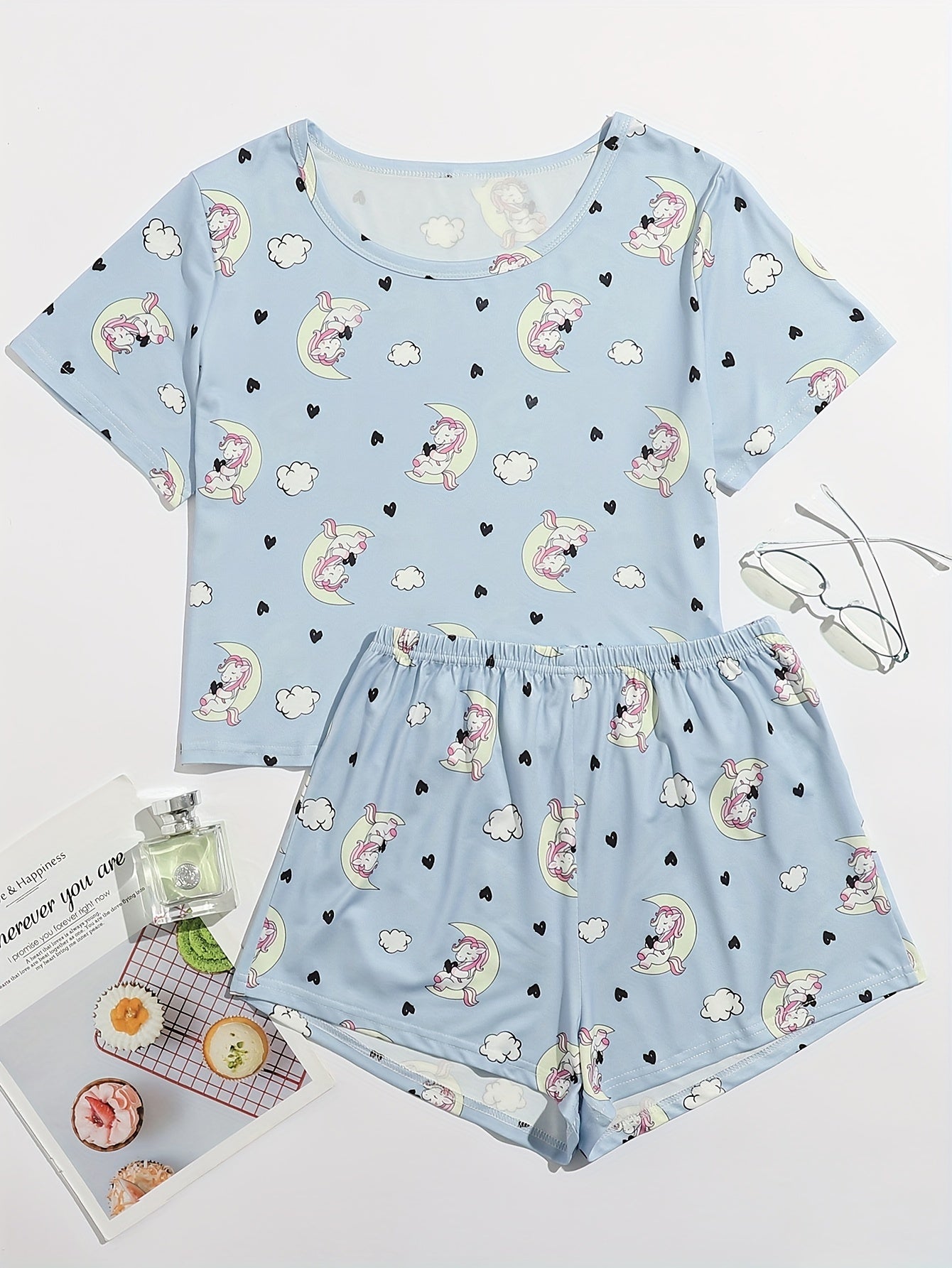 Unicorn Print Pajamas Set Short Sleeve Top & Shorts