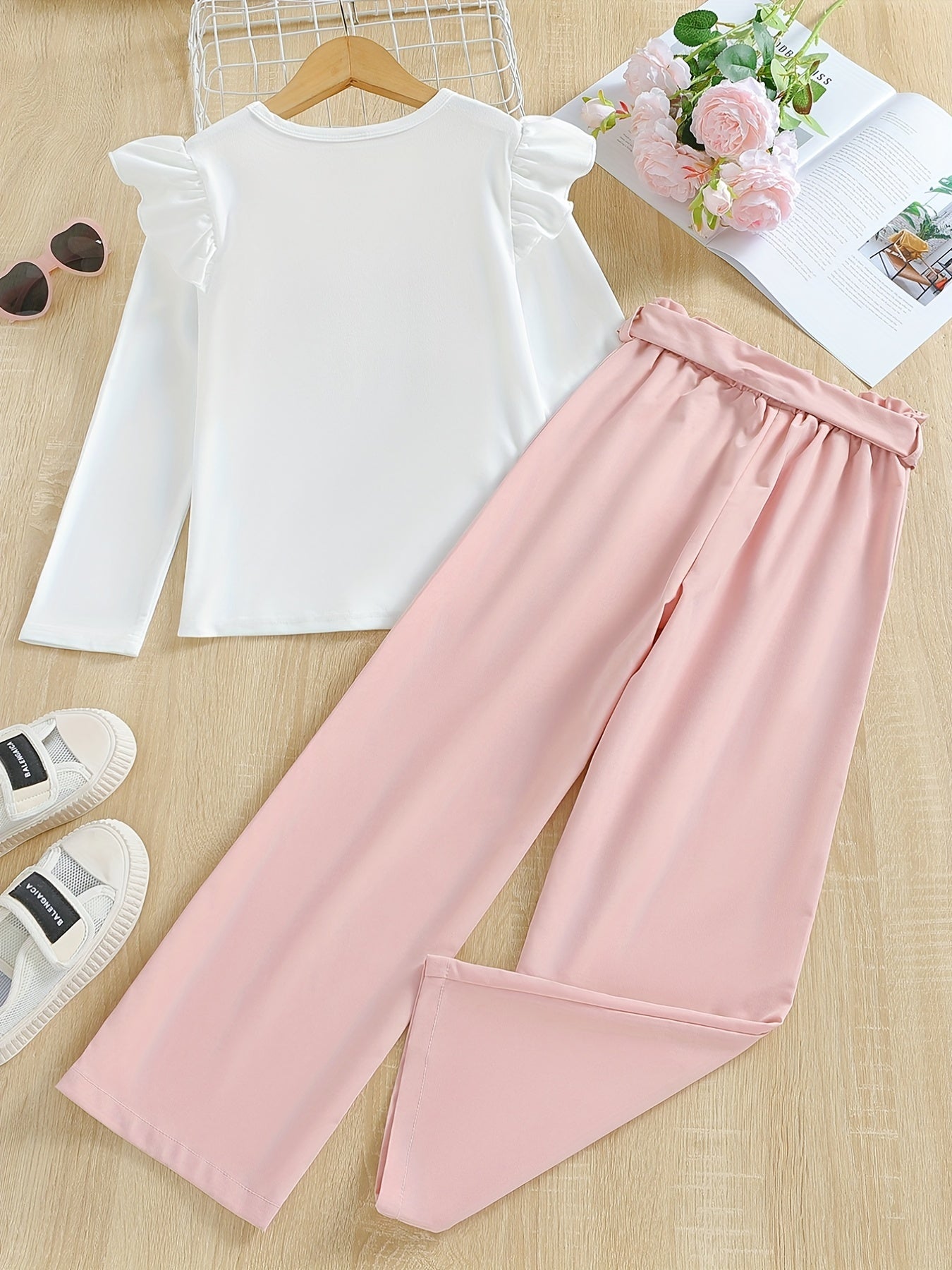 Girls 2pcs Ruffle Decor Top & Elastic Waist Pants With Belt