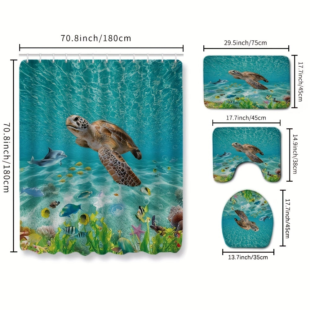 Sea Turtle Shower Curtain Set with Bathroom Rug and Toilet Lid Cover
