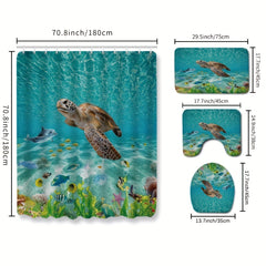 Sea Turtle Shower Curtain Set with Bathroom Rug and Toilet Lid Cover
