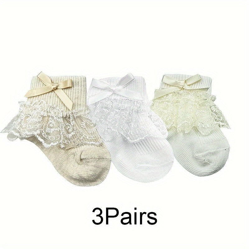 3Pairs Baby Girls Princess Lace Ruffles Bow Ankle Socks