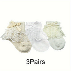 3Pairs Baby Girls Princess Lace Ruffles Bow Ankle Socks