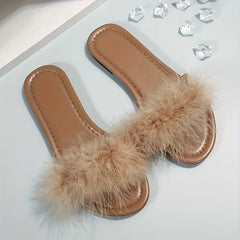 Women's Faux Fur Slide Sandals Flat Lightweight Summer Shoes