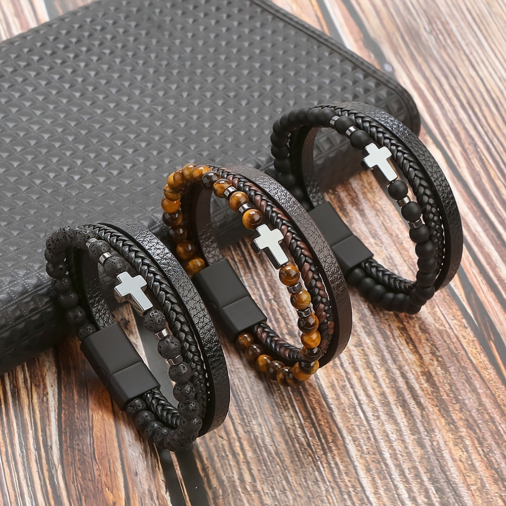 Men's Stone Stainless Steel Leather Cross Bracelet