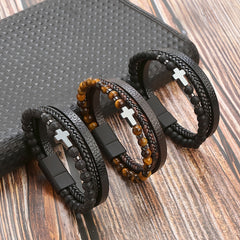 Men's Stone Stainless Steel Leather Cross Bracelet