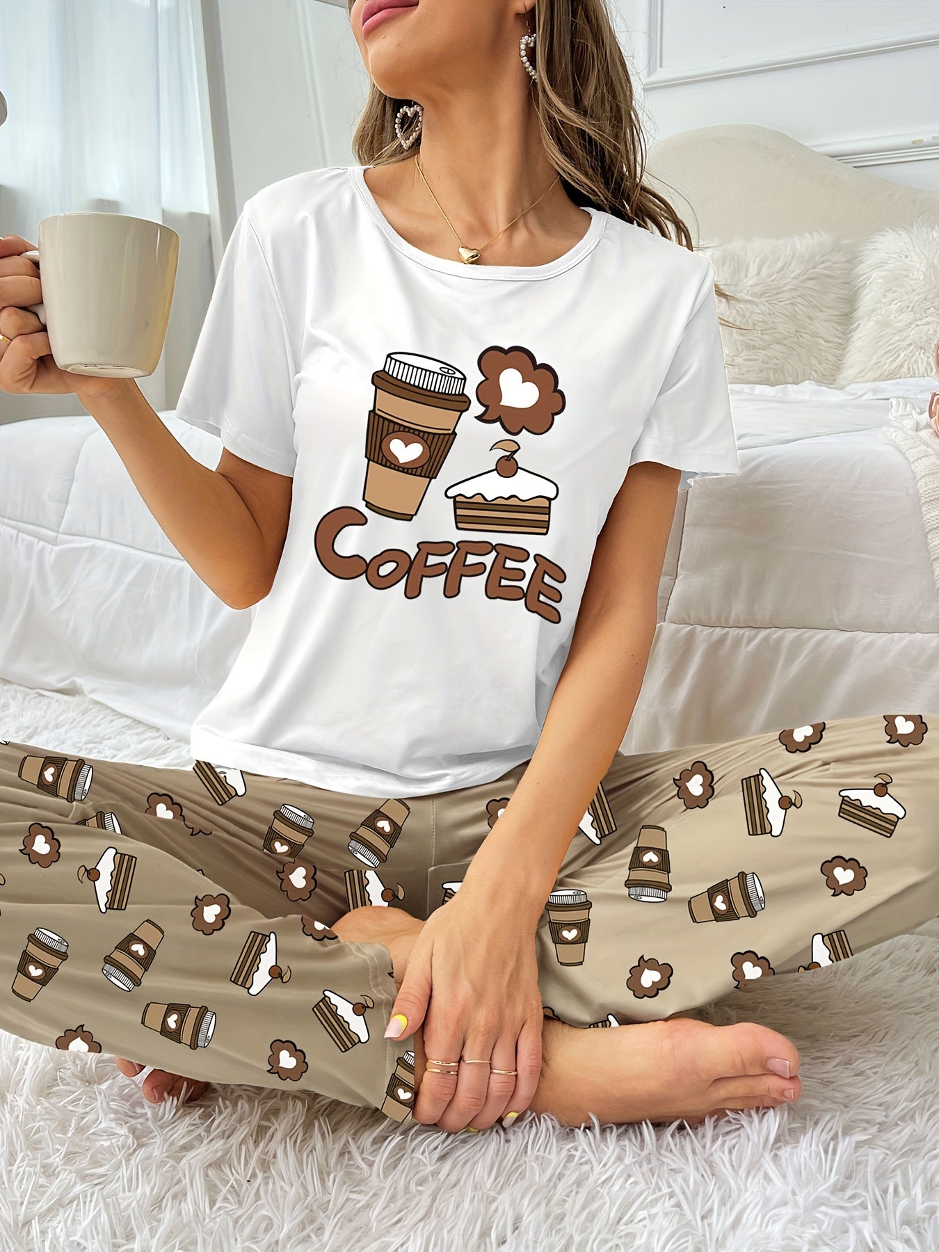 Coffee Print Pajama Set Short Sleeve Top & Pants Women's Sleepwear
