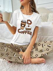 Coffee Print Pajama Set Short Sleeve Top & Pants Women's Sleepwear